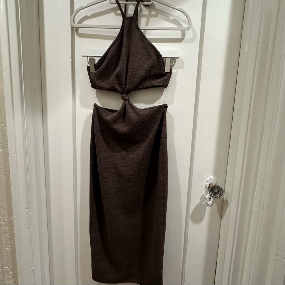 White Fox Boutique Chocolate Brown Cutout Halter Midi Dress